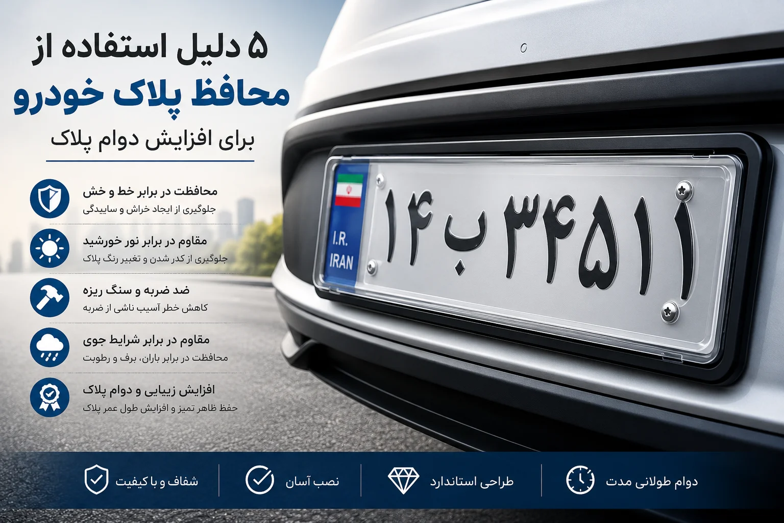 محافظ پلاک خودرو شفاف و مقاوم برای محافظت از پلاک در برابر خط و خش، ضربه، نور خورشید و افزایش دوام پلاک خودرو